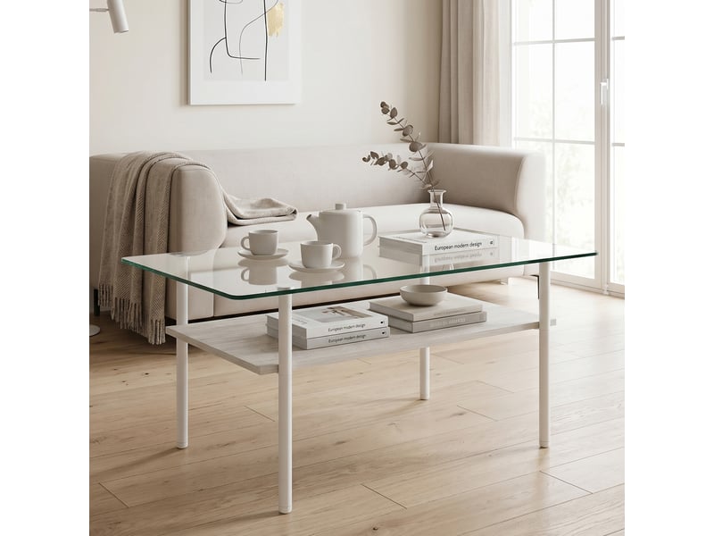 Table basse rectangulaire à 2 niveaux avec étagère - lpospi - plateau en verre trempé, mdf et métal blanc - 98×58×45 cm - Conforama C