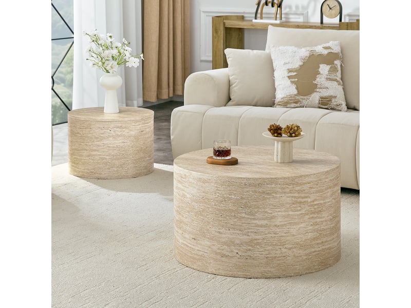  Lot de 2 tables basses gigognes rondes avec rangement, aspect bois naturel en mdf, table d'appoint pour salon, ø 62,8 cm et 44 cm  - Conforama D