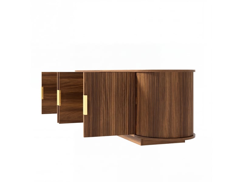  Meuble tv led 180x35x50 cm, 4 portes, rangements intégrés, poignées métal, mdf et panneau de particules, noyer  - Conforama D