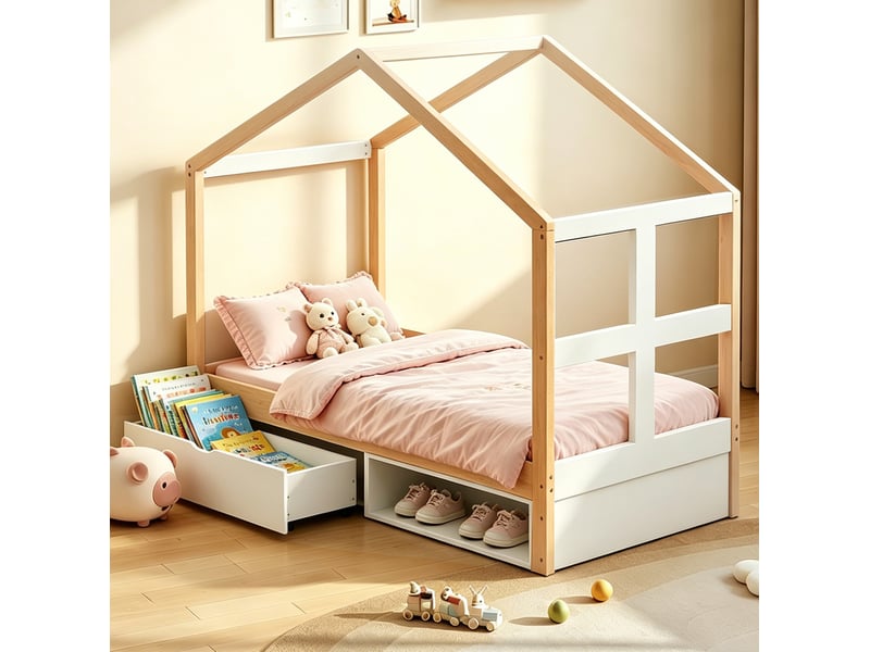  Modenvie lit cabane 90x190 cm - rangement intégré, éclairage led multicolore - pour chambre d'enfant - naturel  - Conforama E
