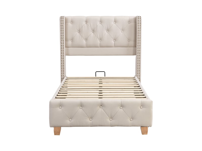  Lit enfant 90x200cm avec sommier à lattes et tête de lit, en velours, sans matelas, beige  - Conforama A