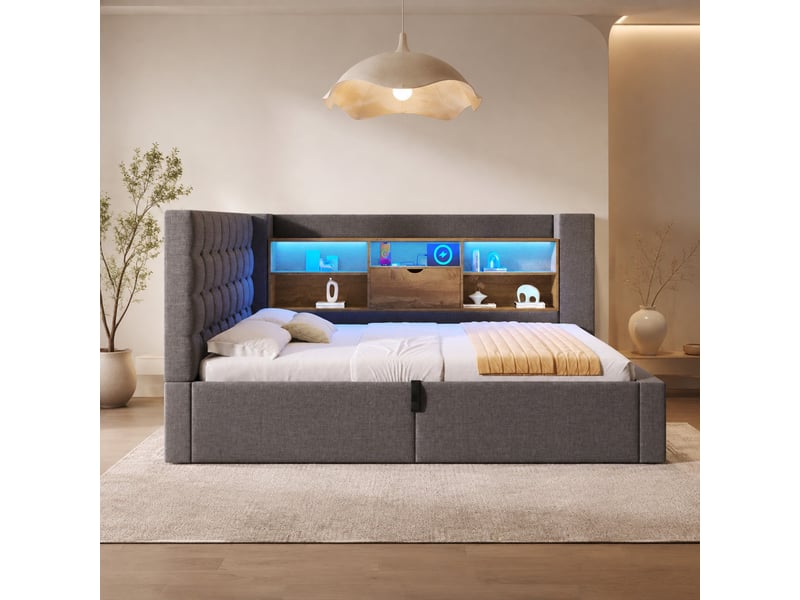  Lit coffre 140x190 cm avec led, ports usb, tête de lit réversible, gris  - Conforama B