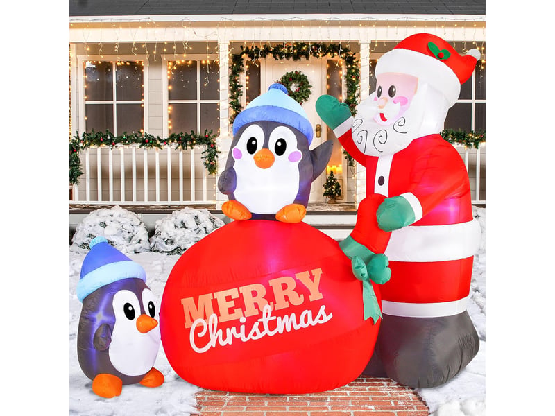  Père noël gonflable 2 m avec pingouins et led, décoration de noël extérieure pour jardin et pelouse  - Conforama C