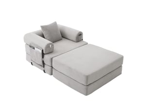 Fauteuil modulable modenvie 1 place avec pouf en velours côtelé gris clair 112 x 190 x 67 cm