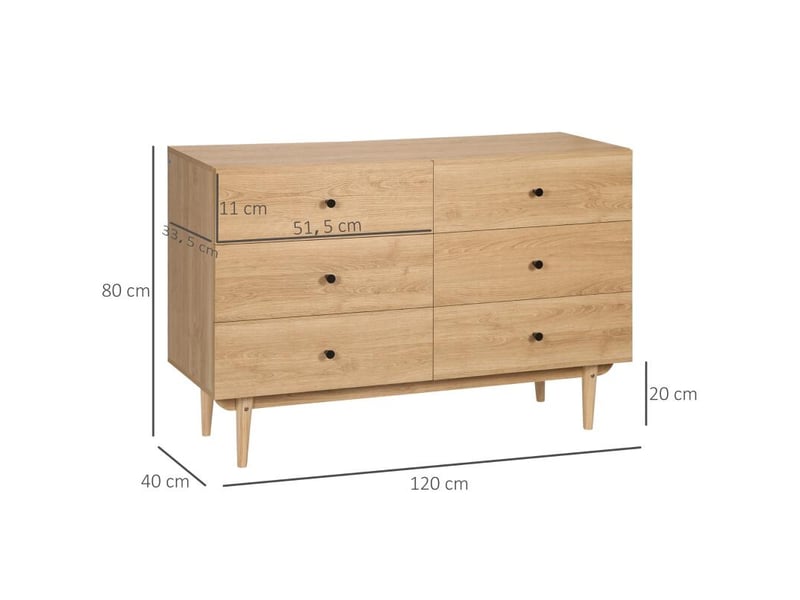  Commode 6 tiroirs meuble de rangement pieds en bois massif 120 x 40 x 80 cm couleur bois  - Conforama C