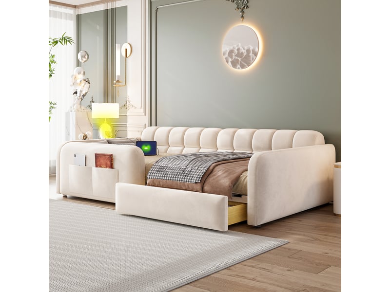  Lit enfant 90 x 200 cm avec tiroir, veilleuse et usbtype-c, lit simple rembourré en velours beige avec dossier façon canapé et hauts garde-corps  - Conforama C