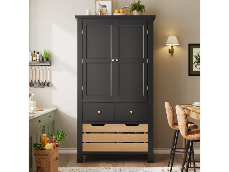  Meuble de cuisine muvano, buffet haut de cuisine noir, 2 portes et 5 tiroirs, 80 × 40 × 140 cm  - Conforama C