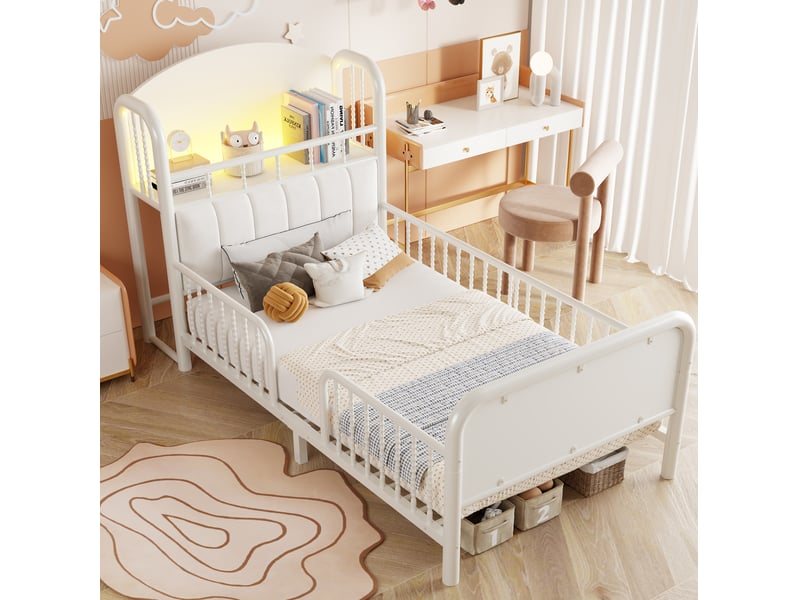 Lit enfant 90x200 cm avec matelas non inclus, barrières, tête rembourrée, rangement et led, métal, blanc  - Conforama D