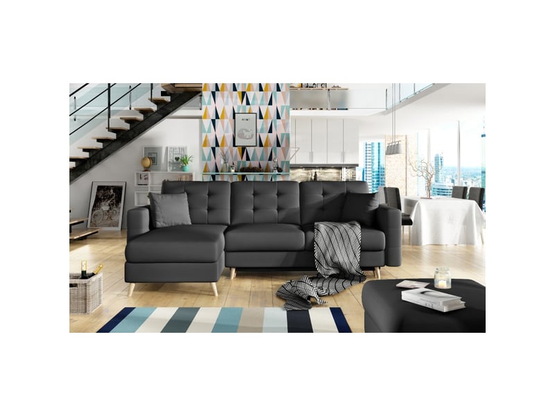 Canapé d'angle convertible hasgard 3 places noir 248x162 cm – coffre et pieds bois - Conforama D