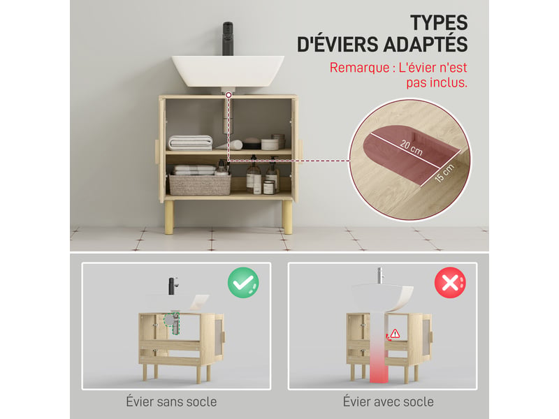  Meuble sous lavabo 60 x 30 x 60 cm, portes en rotin, découpe en u, effet chêne  - Conforama R