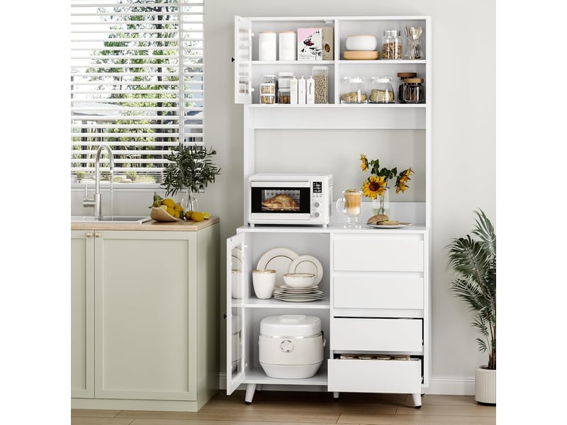  Armoire cuisine 190cm, buffet vaisselier haut avec portes vitrées  - Conforama E