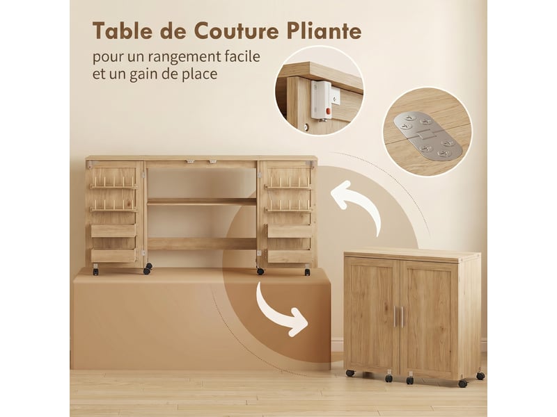 Table de couture pliante, meuble couture à roulettes, 2 portes magnétiques, 4 bacs, 20 crochets, chêne, 160x40x83cm - Conforama E