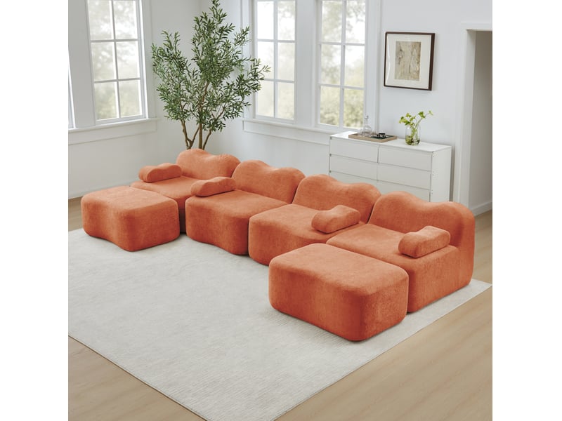  Canapé modulable 4 places en u avec 2 ottomans en velours orange  - Conforama D