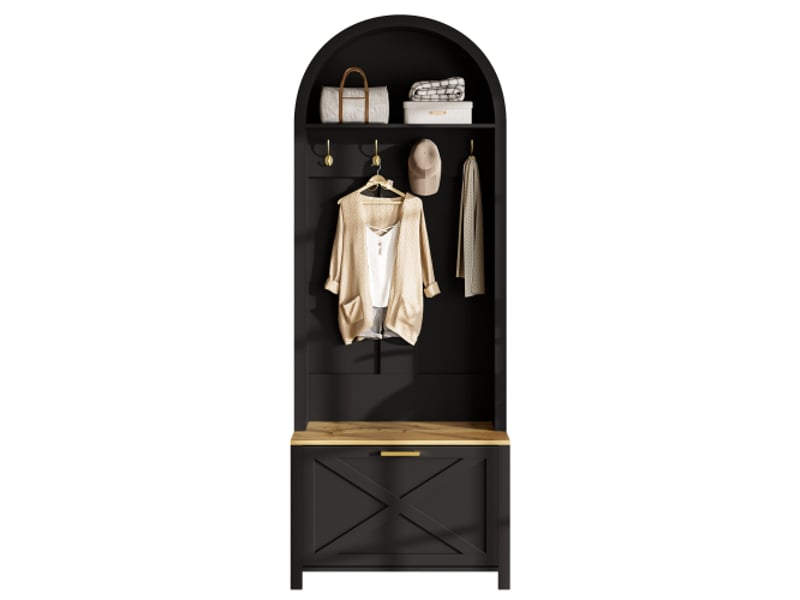  Garde-robe d'entrée multifonction en mdf durable – étagère à chaussures, crochets et plateau, pieds métal  - Conforama A