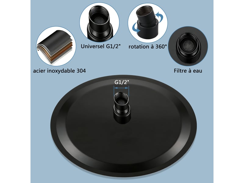  Douche de tête ronde aica, 8 pouces, universel filetage 12, noir  - Conforama C