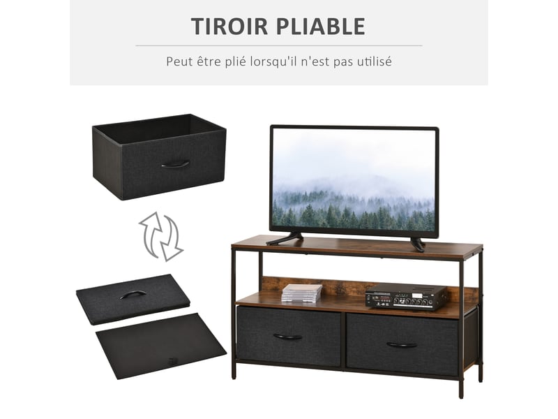  Meuble tv bas sur pieds style industriel 2 tiroirs en tissu gris mdf marron rustique et noir métal  - Conforama D