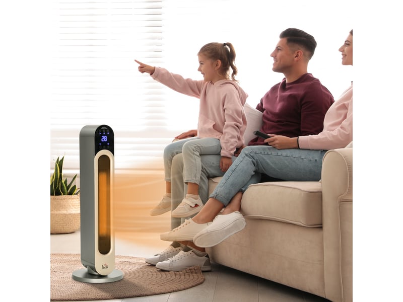 Radiateur céramique tour 11002200 w avec télécommande, affichage led, minuterie et fonction oscillation, ø 25 x 73,5 cm, argent  - Conforama D