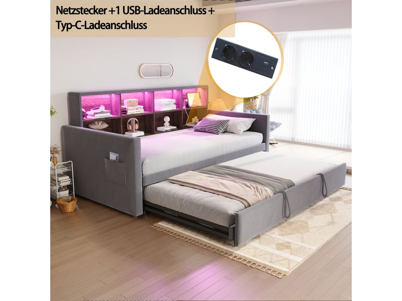 Lit gigogne 90x190, gain d'espace canapé gigogne, rangement tête de lit, couchage d'appoint extensible, velours doux  - Conforama D