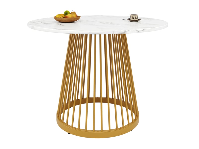  Table ronde, ø 80 cm, table de salle à manger effet marbre pieds, plateau mdf, piètement métal, coloris blanc et doré  - Conforama A