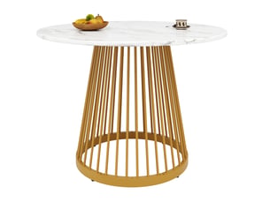 Table ronde, ø 80 cm, table de salle à manger effet marbre pieds, plateau mdf, piètement métal, coloris blanc et doré