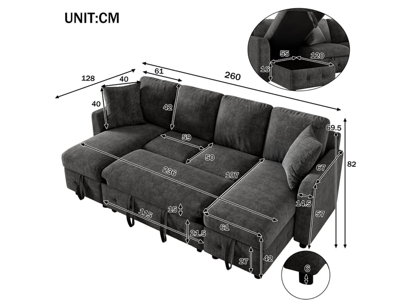  Canapé panoramique gris en chenille, 260 × 128 × 82 cm, avec couchage, pour salon et charge max. 150 kg  - Conforama B
