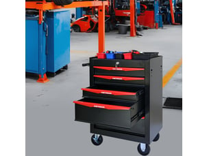 Caisson à roulettes avec 5 tiroirs, serrure et 4 roulettes freinées pour garage, noir et rouge, 60 × 33 × 77,5 cm