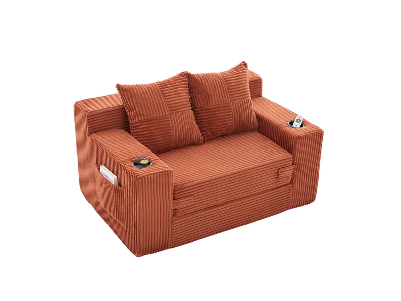 Canapé convertible 2 places 133x87x64 cm orange en velours côtelé, rangements latéraux et porte-gobelets - Conforama A
