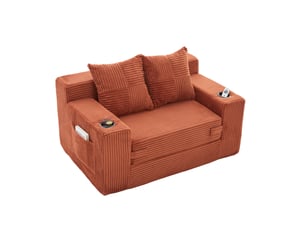 Canapé convertible 2 places 133x87x64 cm orange en velours côtelé, rangements latéraux et porte-gobelets