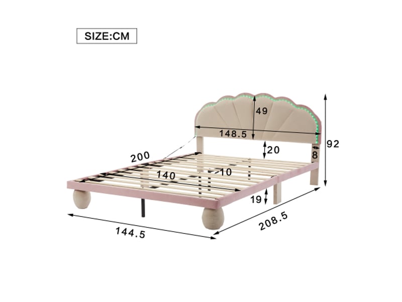  Lit enfant 140x200 cm lit double avec éclairage led et sommier à lattes en bois, en velours, beige, sans matelas  - Conforama D