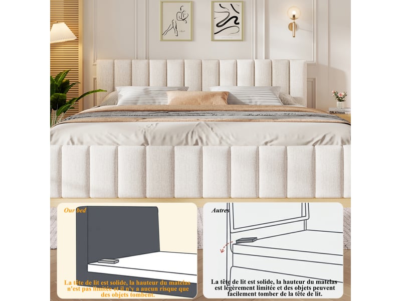  Lit plateforme 180x200 cm beige, tissu chenille, tête de lit rembourrée, sommier à lattes inclus, structure anti-glissement  - Conforama E
