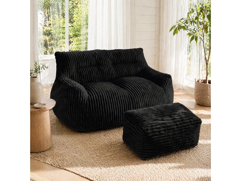  Fauteuil poire double,135x100x75 cm,avec repose-pieds,fausse fourrure,noire  - Conforama B