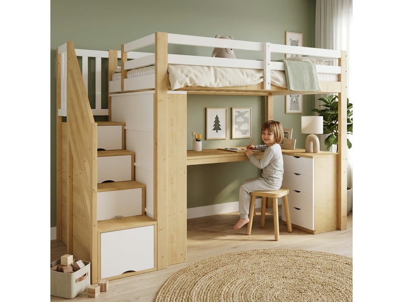  Lit mezzanine 90 × 200 cm blanc et naturel avec bureau, tiroirs et escalier de rangement IKSETERA TRADING LTD - Conforama D