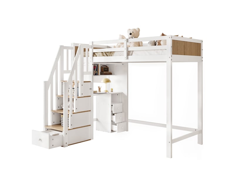 Lit mezzanine enfant 90x200 cm avec bureau à 3 tiroirs et escalier avec rangement, pin et mdf, blanc et naturel - Conforama A