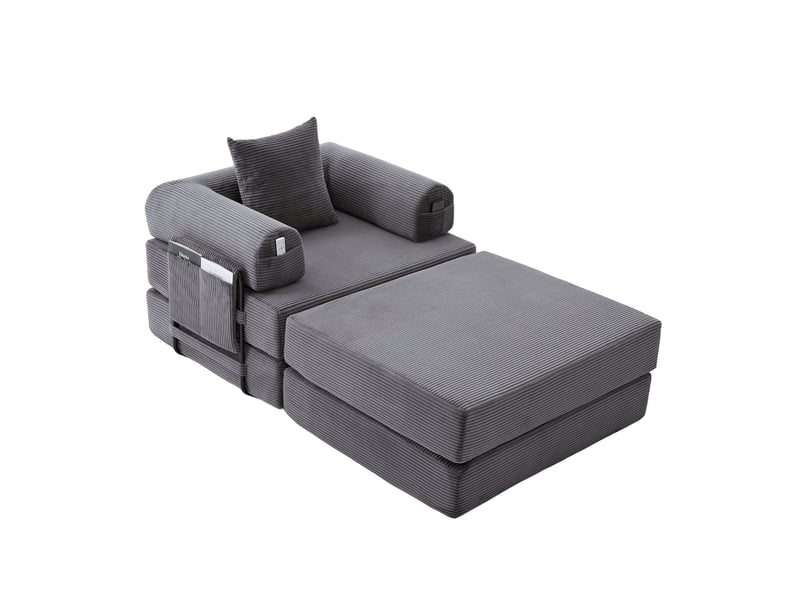 Fauteuil convertible 1 place 112x95 cm – gris foncé – velours côtelé, pochette latérale et coussin assorti - Conforama A