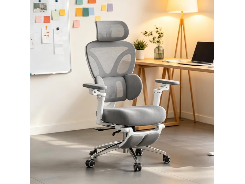  Fauteuil de bureau ergonomique gris avec repose-pieds, appui-tête et soutien lombaire  - Conforama E