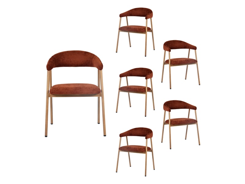  Chaises de salle à manger lot de 6 rembourrée en chenille, pieds en métal effet bois, rouge  - Conforama A
