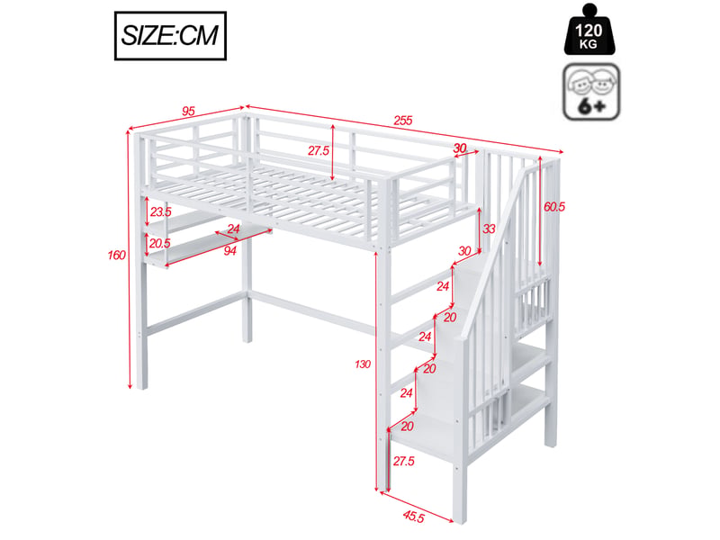  Lit mezzanine enfant 90 x 200 cm rangements échelle rangement garde-corps sécurisé métal et mdf blanc sans matelas  - Conforama C