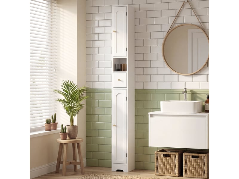  Meuble de salle de bain étroit avec tiroir, portes cintrées, compartiment ouvert, étagère réglable, 20 x 20 x 185 cm, blanc  - Conforama D