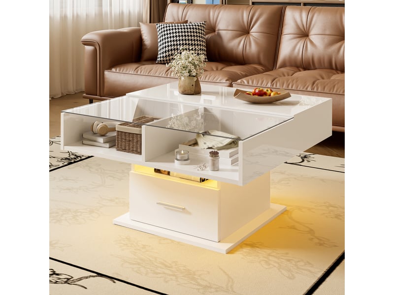  Table basse multifonctionnelle laquée brillante avec éclairage led, hauteur réglable et espace de rangement modulable – design moderne pour salons, bureaux et petits appartements  - Conforama B