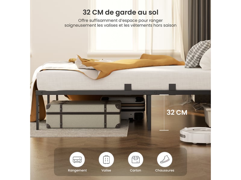  Cadre de lit 140 x 190 métallique, lit double minimaliste, structure robuste et durable, silencieuse et antidérapante, résistante à la rouille, charge maximale 500 kg, noir  - Conforama C