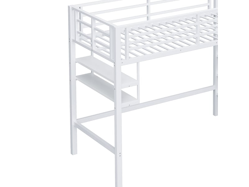 Lit mezzanine enfant 90x200 cm, espace de rangement, étagères, garde-corps, sommier, métal blanc, sans matelas - Conforama E