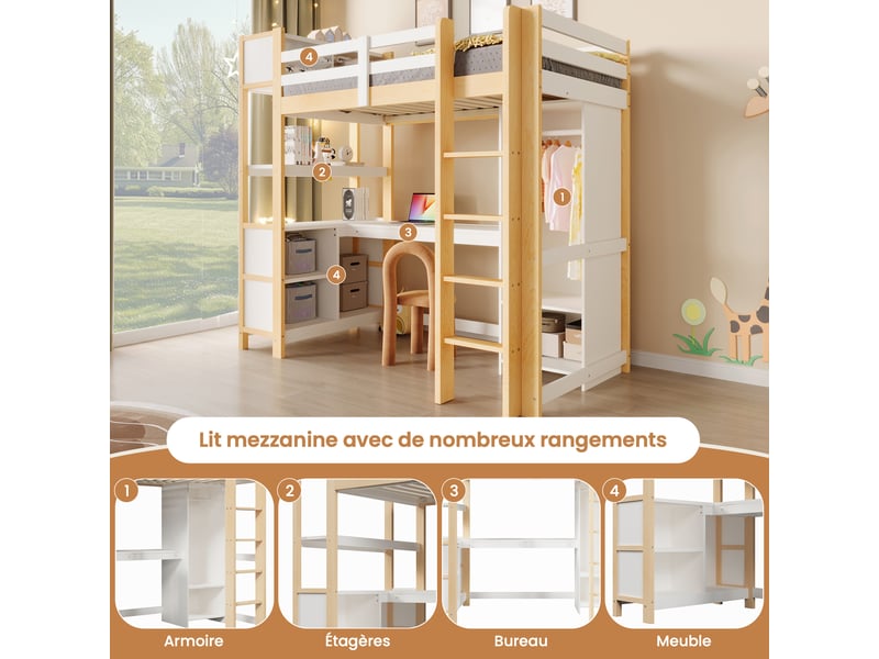  Lit mezzanine 90x200 cm avec bureau, étagères, armoire, sans matelas, naturel, rangement pour enfant sûr  - Conforama E