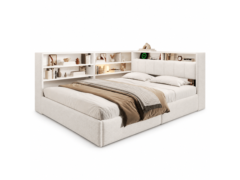  Lit banquette 140 x 200 cm, relevage hydraulique, prise électrique, rangement latéral réversible, port usb, bande led, velours, blanc Bliss Lite - Conforama A