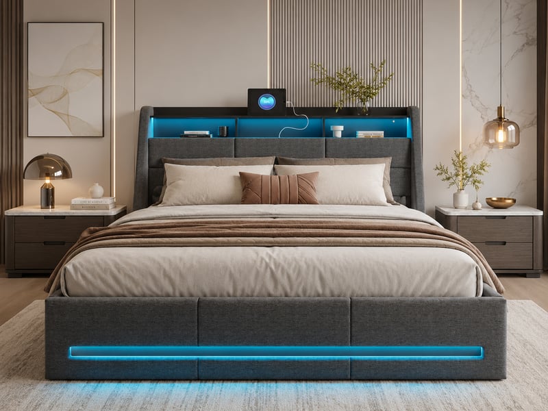  Lit coffre 160x200 cm avec led, lit 2 places avec sommier à lattes, lit double rembourré lit adulte avec tête de lit, port usb, tissu en lin, gris, sans matelas  - Conforama B