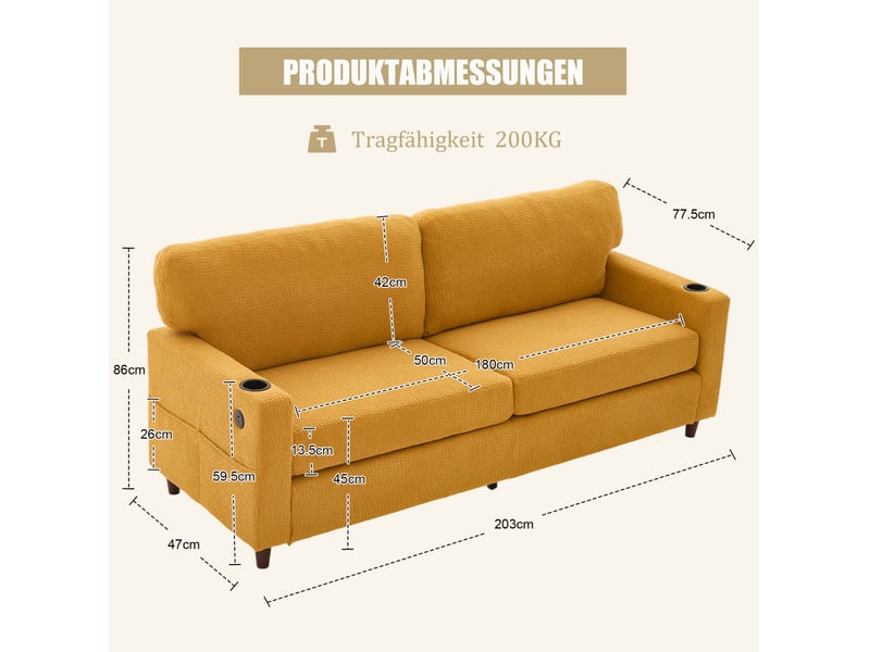  Canapé droit fixe 2 places en tissu jaune moutarde avec led, usb-c et porte-gobelets, idéal pour le salon  - Conforama C