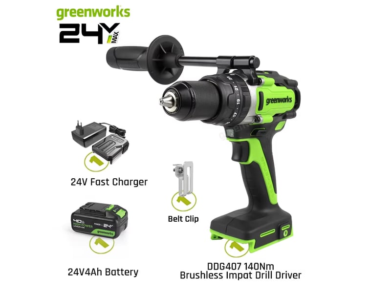 Perceuse-visseuse sans fil greenworks – 24 v, mandrin métallique 12 pouce, course de 800 pouces, 21 positions d'embrayage, batterie incluse  - Conforama A