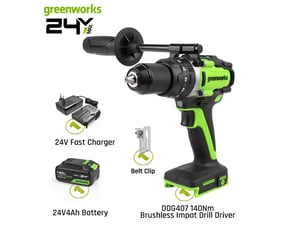 Perceuse-visseuse sans fil greenworks – 24 v, mandrin métallique 12 pouce, course de 800 pouces, 21 positions d'embrayage, batterie incluse