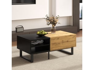 Table basse 100x50x40 cm avec tiroir et 3 niches ouvertes, pieds en métal, panneaux de particules, décor bois et noir