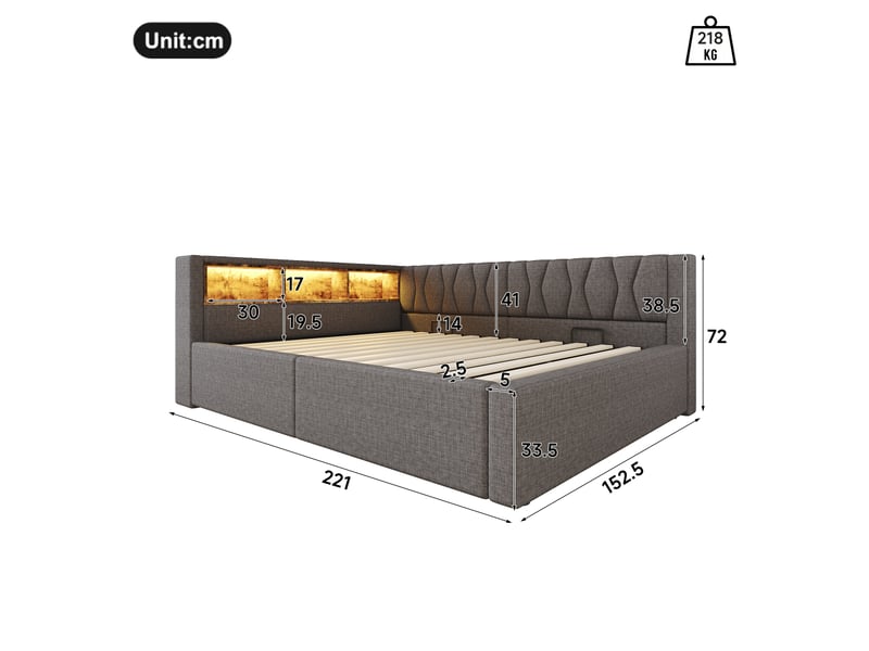 Lit de jour, canapé-lit, 140 x 200 cm, sans matelas, suspension hydraulique, avec bande led à intensité variable, étagère pratique et port usb, gris  - Conforama C
