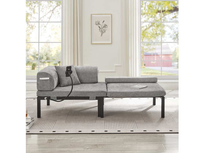  Canapé convertible pliant 1 place avec lit coulissant, structure en bois et dossier à coussin en velours gris clair  - Conforama D